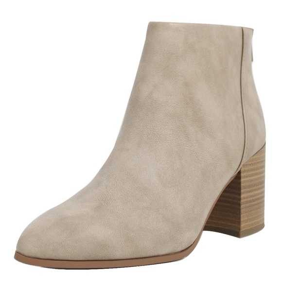 Shoes - Taupe Faux Nubuck Leather Stacked Block Heel Booti